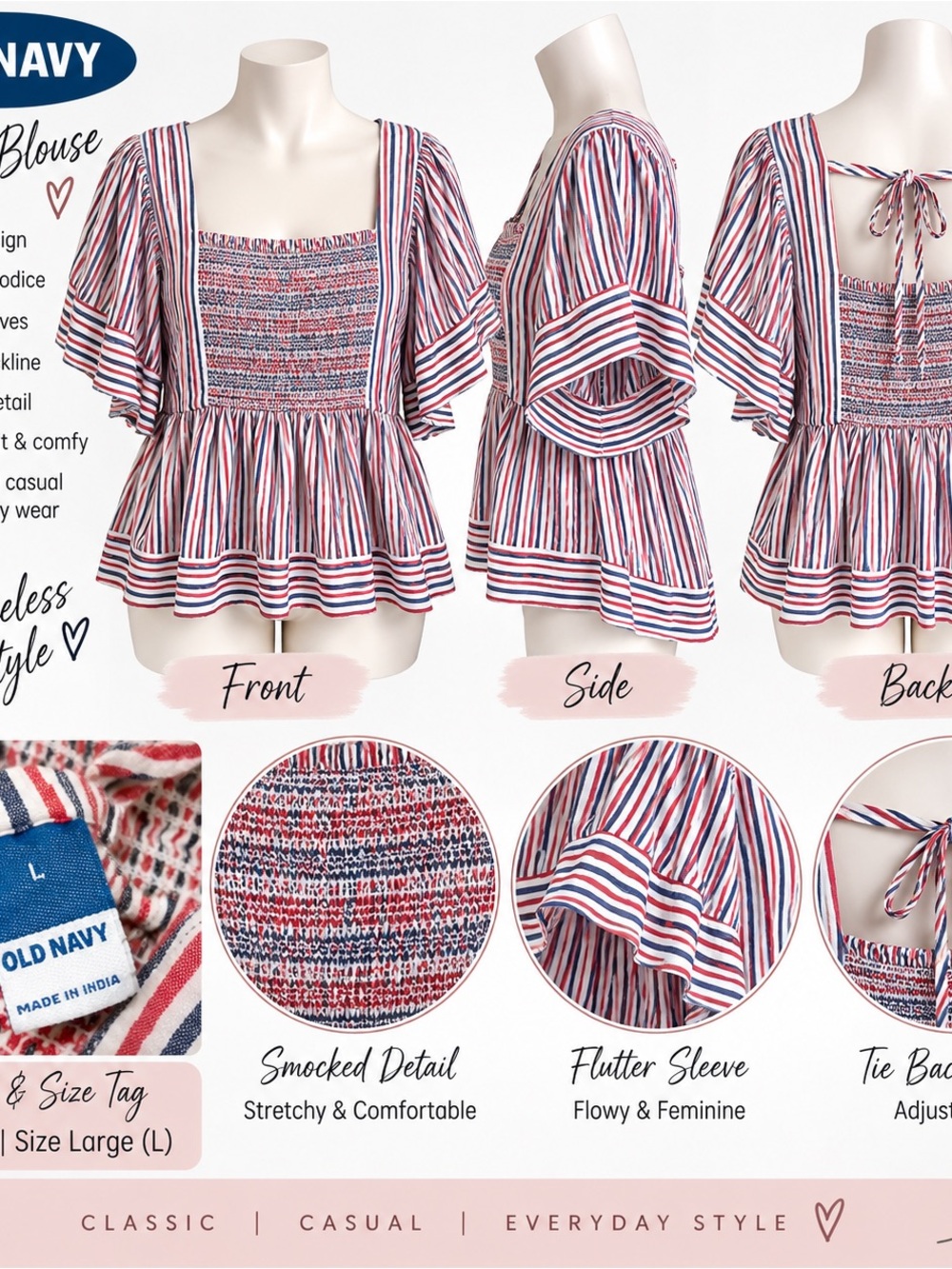 Old Navy Red, White & Navy Striped Smocked Peplum Blouse